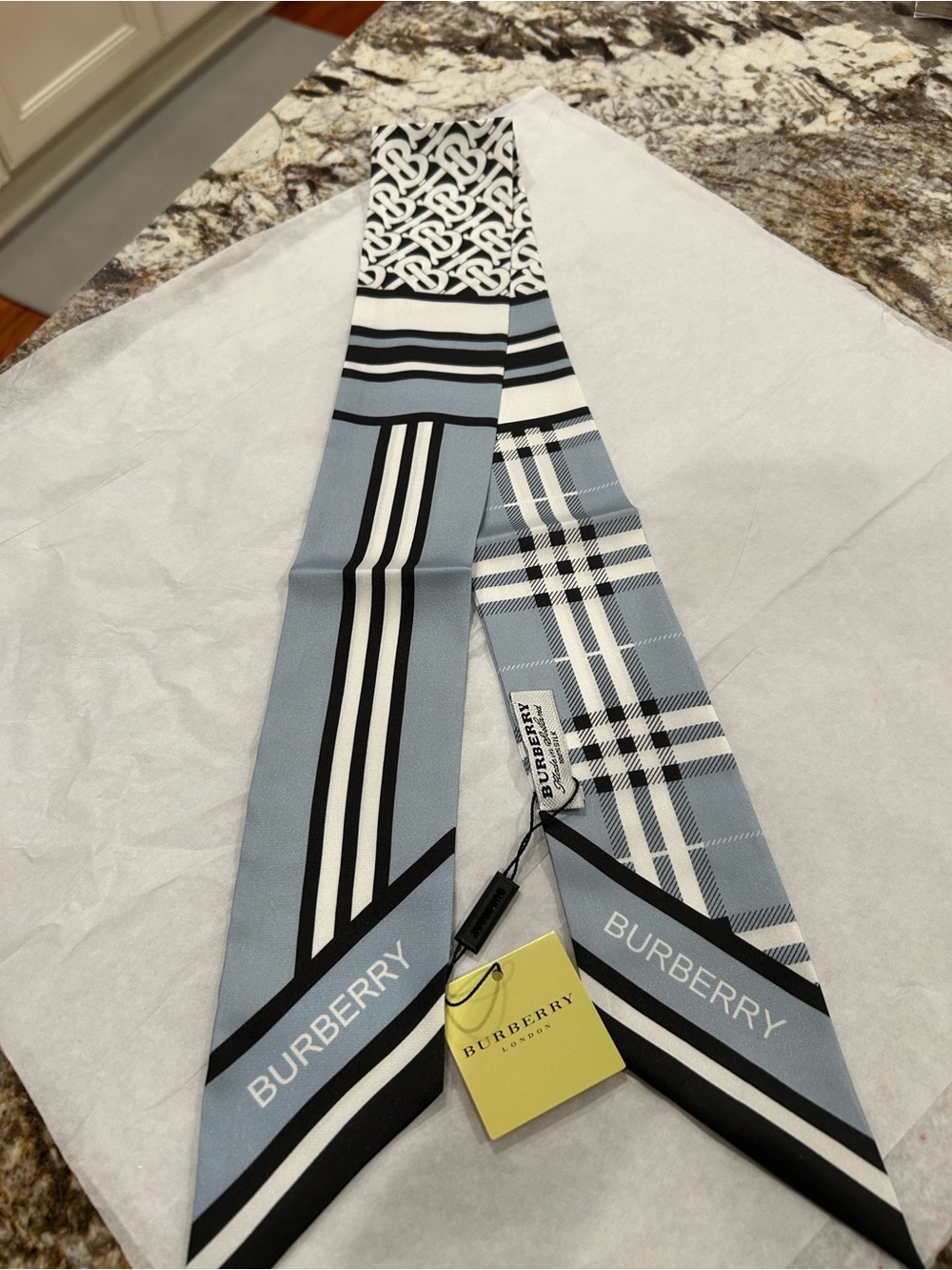 Burberry Blue, Black & White Plaid Silk Twilly Scarf